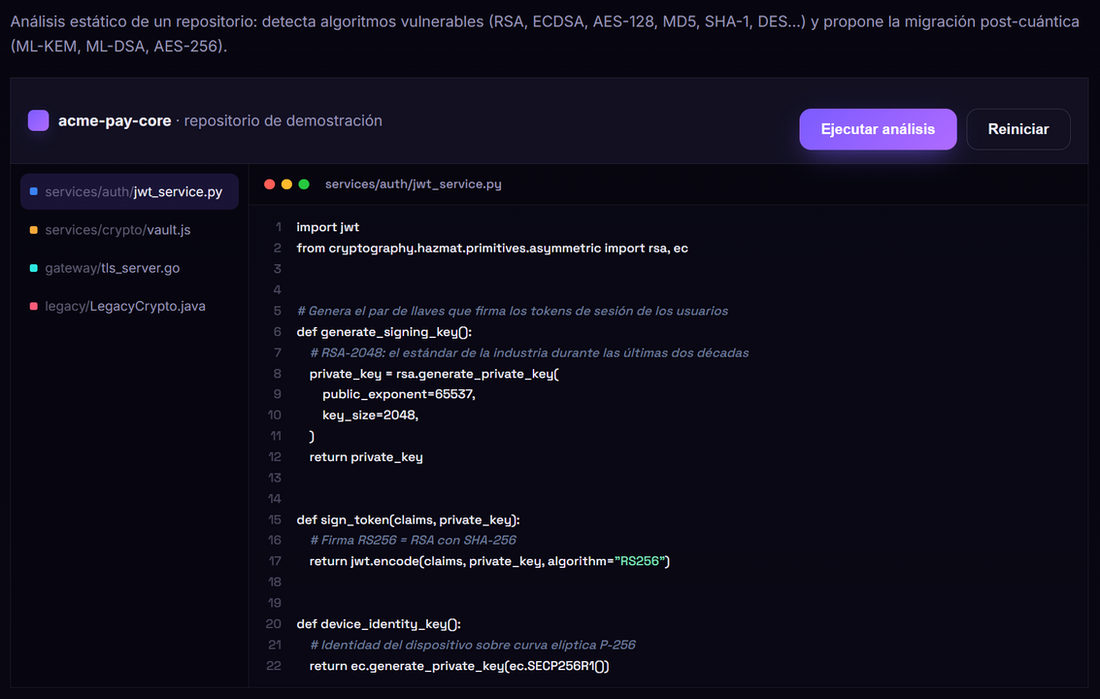 Pantalla oscura de análisis de repositorio con código  y botones Ejecutar análisis y Reiniciar.